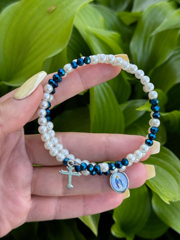 Rosary Bracelet White Blue & Silver