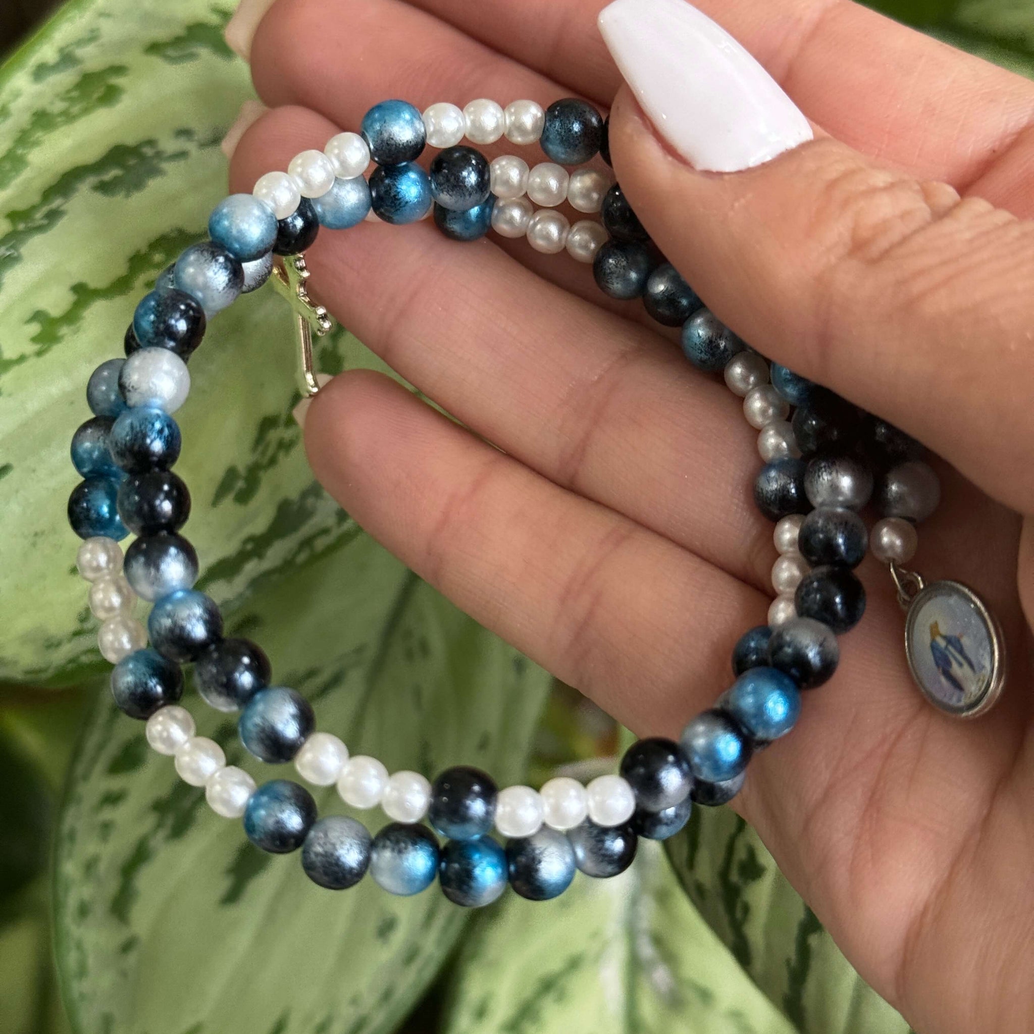 Rosary Bracelet Blue White Tie Dye & Silver