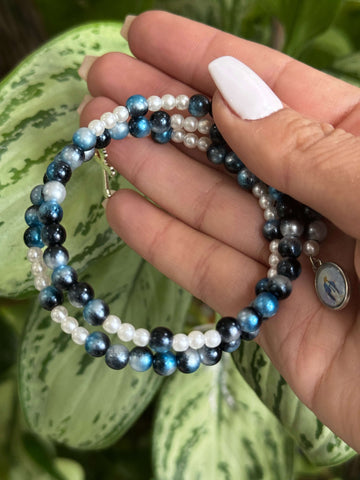 Rosary Bracelet Blue White Tie Dye & Silver