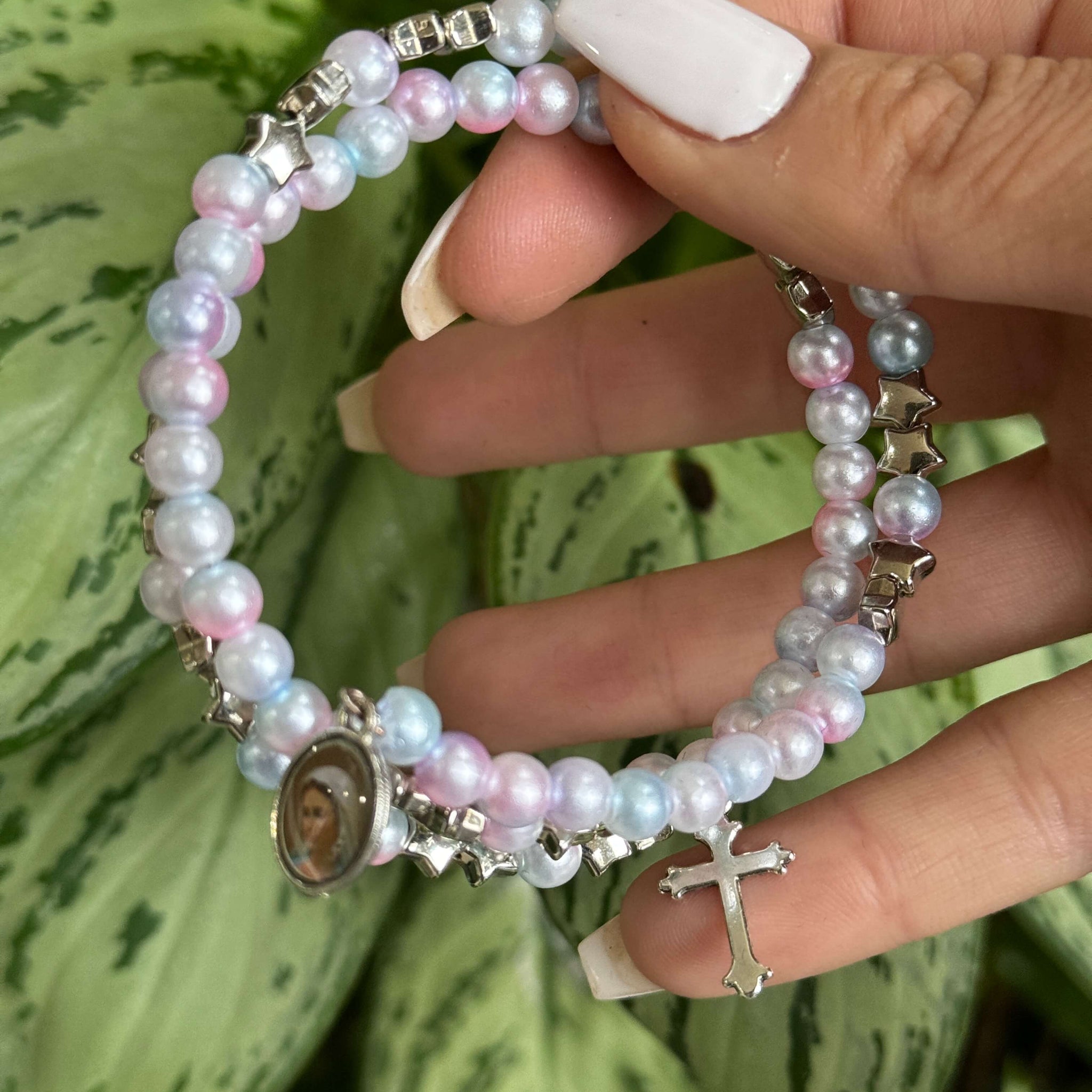 Rosary Bracelet Cotton Candy & Silver