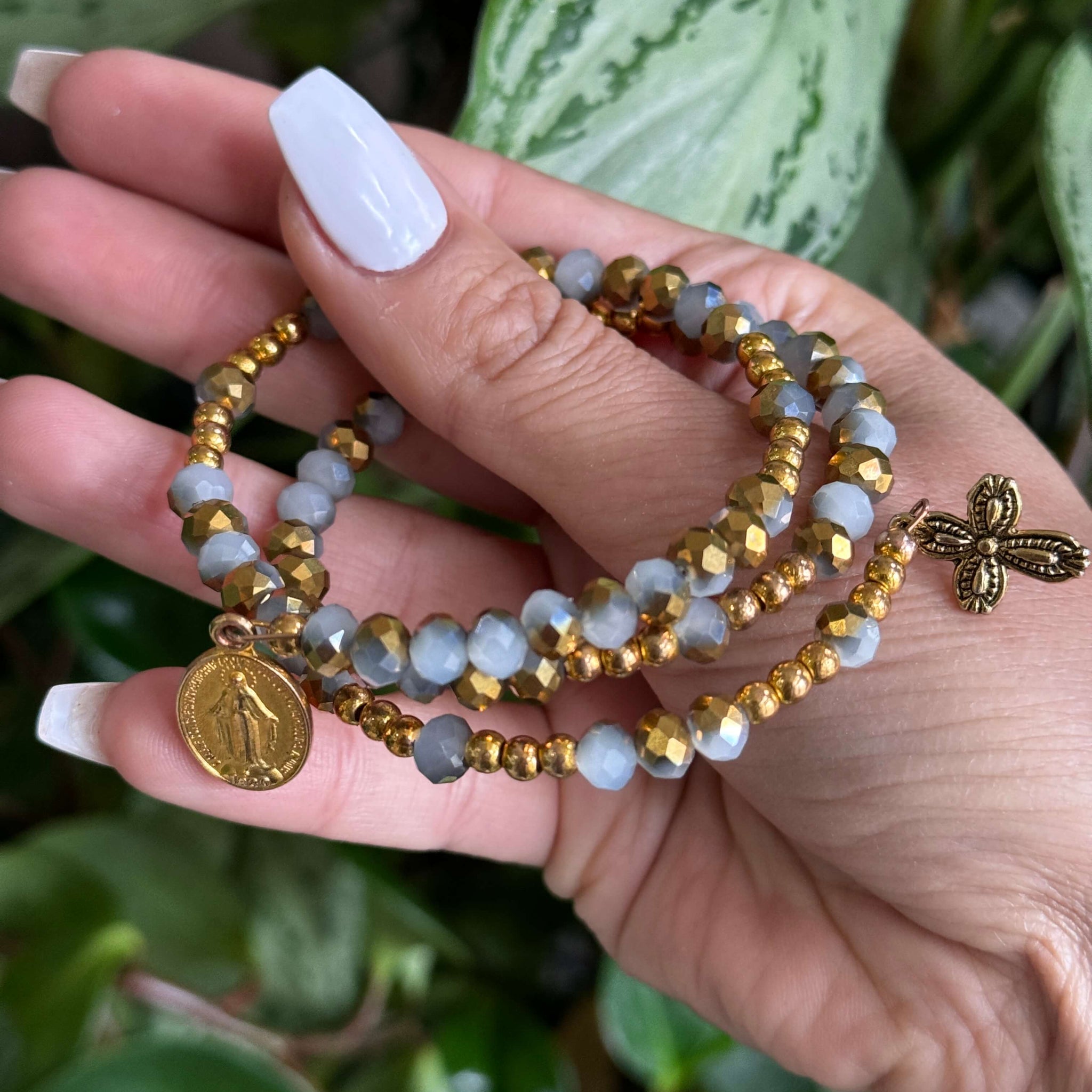 Rosary Bracelet Stone Gray & Gold