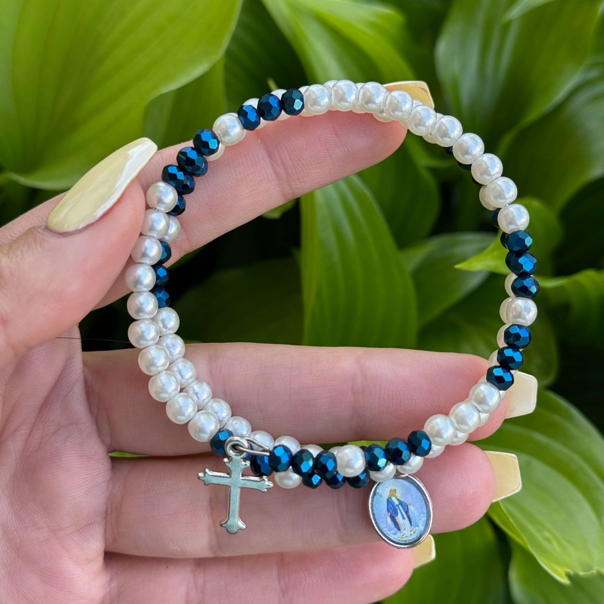 Rosary Bracelet White Blue & Silver